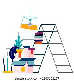 Flat vector apartment room renovation illustration. Repair and construction concept.Ladder, cardbox.