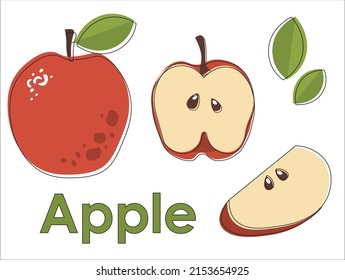 Flat  vector apple with line. Red apple slice on white background