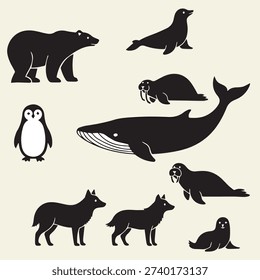 Flat vector arctic animal silhouette illustration set featuring polar bear, penguin, owl, walrus, seal, whale, fox, and wolf. Minimal black silhouettes on light background with cute modern character style. Scandinavian inspired wildlife collection in clean flat 2D design. Perfect for kids illustration, educational content, UI design, branding, stickers, posters, and digital projects.