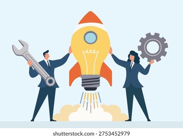 Flat vector art of business professionals collaborating to build a new idea. The team launches a rocket shaped like a lightbulb, representing business growth