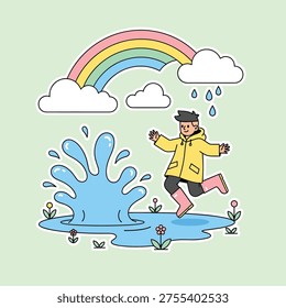 Flat Vector Art of Character Jumping in Puddle Under Rainbow