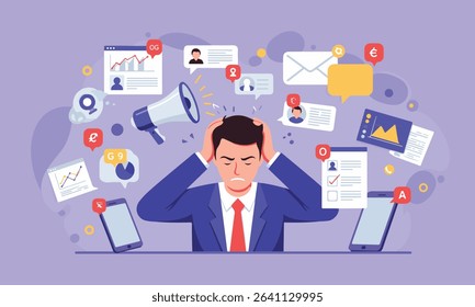 Flat vector art of corporate male employee getting anxious with phones, laptops, charts, apps, email alerts flying around. Representing stress from multitasking and workplace demands.