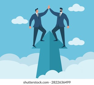 Flat vector art depicting corporate partners celebrating career progress, financial success, and elevated achievement together above the sky