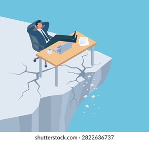 Flat vector art depicting an office worker oblivious to impending crisis as the ground beneath his desk cracks over a steep precipice
