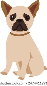 A Flat vector art depiction of a French bulldog in a seated position against a plain white backdrop, showcasing various features of this charming canine breed