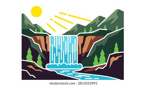 A flat vector art design featuring a waterfall cascading down rocky cliffs surrounded by pine trees under a bright sun