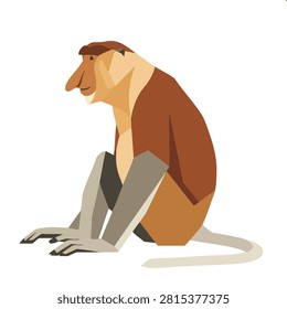 A flat vector art design of a proboscis monkey sitting in profile isolated on a white background showing its distinctive nose and fur texture