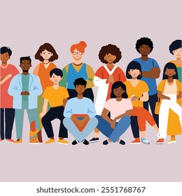 Flat vector art featuring diverse people in casual settings with unique cultural traits, modern lines, vibrant hues, and a neutral backdrop to highlight inclusivity and equality.