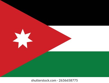 Flat vector art of the Flag of Jordan, featuring black, white, green horizontal stripes and a red chevron with a white star. Isolated, perfect for design use.