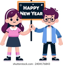 flat vector art graphic of an girl and boy holding up a sign with the text Happy new year Isolated on a white background.