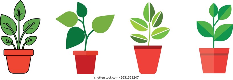 Flat vector art of a green indoor plant in a red pot - isolated indoor plant