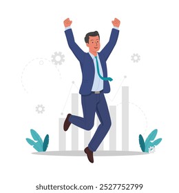Arte Vetorial Plana de um Homem Feliz Exprimindo o Sucesso, Saltando para a Alegria e Celebrando com Emoção Positiva