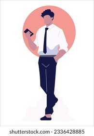 Arte vector plano, diseño de ilustración, un empresario de pie y sosteniendo un teléfono móvil 