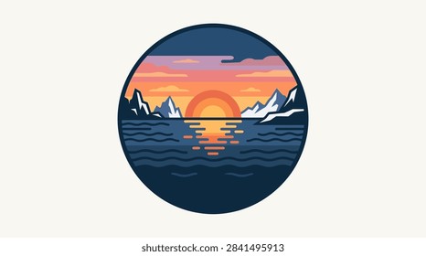 A flat vector art illustration inside a circle depicting a serene sunset over a calm ocean with distant mountain peaks and soft orange sky reflections