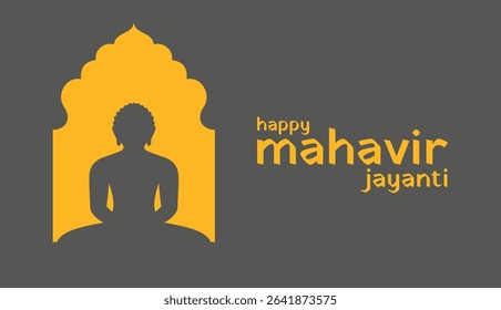 Flat Vector Art of Mahavir in Temple Structure. Mahavir Jayanti Greeting Card Design.