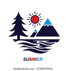 Flat vector art of outdoor nature landscape featuring blue mountain peaks pine tree red sun and wavy sea water on white background