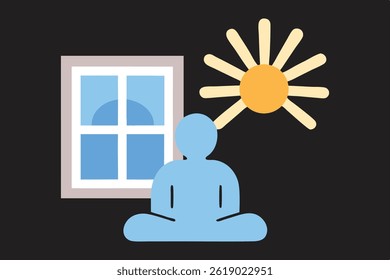 Flat vector art of a person meditating by a window in a peaceful home, with soft light rays and a nature view, capturing serenity, mindfulness, and inner calm. Perfect for wellness-themed designs.