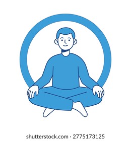 A flat vector art piece showcasing a stylized person in a seated lotus position framed by a bold blue circle. The design uses monochromatic blue lines and solid fills to.