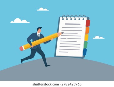Flat vector art of a professional carrying a huge pencil towards a giant notebook. It represents tackling big projects, heavy workloads, and capturing ideas