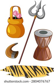Flat vector art of religious artifacts like a trident, drum, and tiger skin rug.