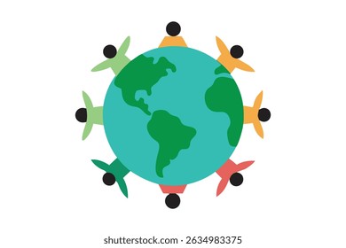 Arte vectorial plano que muestra a los indígenas tomados de la mano en un círculo alrededor de la Tierra, simbolizando la unidad, la diversidad, el patrimonio y la conexión con la tierra. Diseño moderno sobre un fondo blanco.