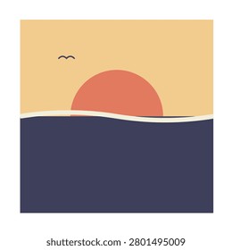 Flat vector art showing a red sun setting over navy blue ocean waves with flying seagull bird illustration