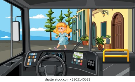 Flat vector art shows a child crossing a street from a bus driver's perspective.