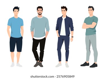 Flat vector artwork featuring five men in relaxed and stylish casual wear, representing different fashion styles with a modern aesthetic.