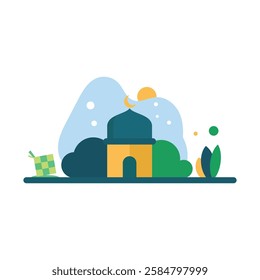 A flat vector artwork featuring a mosque with a crescent moon, decorative leaves, and Eid ketupat against a serene backdrop. Evokes themes of Islam, festivities, and togetherness.