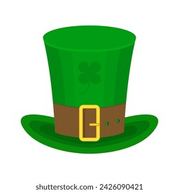 Flat Vector artwork of green leprechaun hat with gold buckle on white background