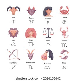 Flat vector astrological set with zodiac signs