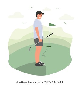 Flat Vector athlete man playing golf in golf course