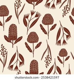 Flat vector Australian flowers background. Waratah, wattle, banksia, eucalyptus