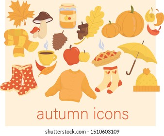 Flat vector autumn icon set. Fall leaves, clothes, food