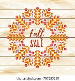Flat vector autumn illustration. Background with Fall leaves and berries. Forest design elements. Fall sale banner hand drawn style lettering! Modern calligraphy. EPS 10