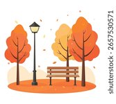 Flat vector autumn landscape with hills, golden trees, a small house, and falling leaves. Warm seasonal tones and simple shapes make it ideal for web design, banners, or cozy fall themes.