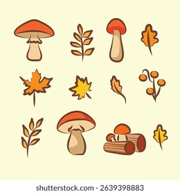 flat vector autumn mushroom and leaves design