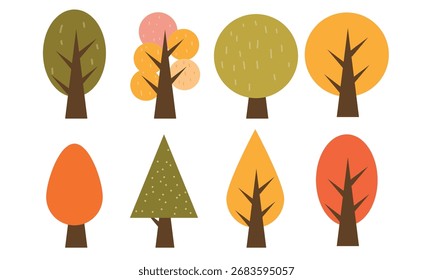 Conjunto de árboles de otoño de Vector plano, colección de ilustración de naturaleza de follaje estacional