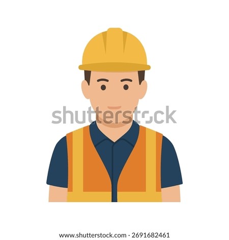 Flat vector avatar of a male construction worker wearing a hard hat and safety vest. Ideal for user profile, industry, engineering, and labor concept design.