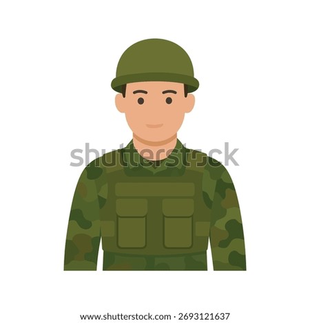 Flat vector avatar of a male soldier wearing a camouflage uniform, helmet, and tactical vest. Ideal for user profile, military, public service, and defense concepts.
