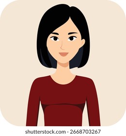 Flat Vector Avatar of Woman with Medium Black Hair in Red Shirt, Profile Icon