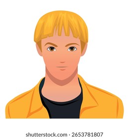 Avatar vetor plano do jovem com corte de cabelo de tigela loira reta e jaqueta amarela. Ideal para perfis de usuário, avatares da Web, design de aplicativos, personagens de desenhos animados e ilustrações digitais modernas.