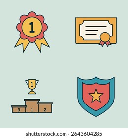 Flat Vector Award Icons Set with Trophy Ribbon Certificate and Star Shield on Pastel Background