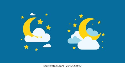  Flat Vector background with evening sky. Moon and stars in the clouds. Eps 10.