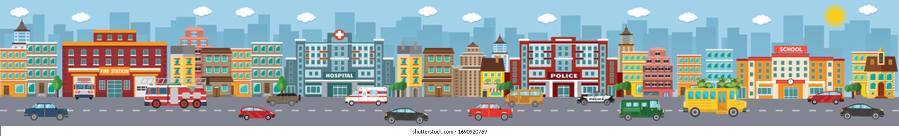 Flat Vector Background Hospital, Fire Station, Police And School With Cars And City For Cartoon And Game.