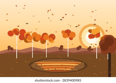 Flat vector background of a misty autumn forest: a warm morning sky with a soft glowing sun, cream birch trees with golden, amber and rust canopies surrounding a reflective pond, falling and fallen leaves, and distant soft hills. Cozy seasonal scenery.
