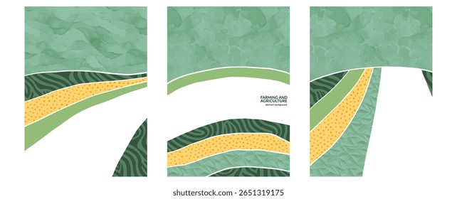 Flat vector background with rural farmland, grape vineyard, green eco design, abstract field texture, collage poster, agro nature tea illustration, pattern layout, corn view, countryside art
