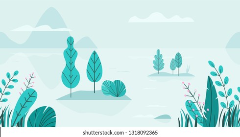 Flat vector background of spring landscape with minimal trees, lake, mountains, flowers, grass. Fantasy nature seamless border. Summer cartoon illustration.
