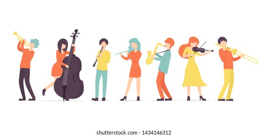 Flat vector background in a flat style of group of musicians, playing clarinet, saxophone, trumpet, flute, trombone, violin, contrabass instrument.