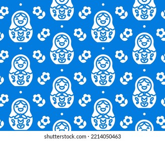 Flat vector background with traditional russian matryoshka symbols. Monochrome seamless pattern design for wrapping paper, wallpapers and fabric